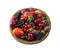 Top view. Fruits and berries in bowl on white background. Ripe currants, raspberries, cherries, strawberries, gooseberries, blackb