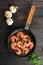 Top View Gambas al aJillo. Shrimp Scampi on a Skillet. Traditional Spanish Tapa with Prawns Cooked in Olive Oil with Garlic and