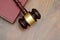 Top View Gavel and law book on courtroom table