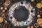 Top view gingerbread cookies wreath with dried citrus nuts. High quality and resolution beautiful photo concept