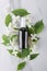 Top view of glass bottle and jasmine flowers on the white surface.Concept of beauty treatments with jasmine oil