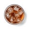 Top View of Glass with Soft Soda Drink and Ice Cubes Isolated on White Background. Generative ai