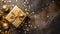 top view of a golden wrapped present with a beautiful bow on a rustic old table with lots of confetti