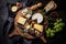 Top view of a gourmet cheese platter with a delicious assortment of French Camembert, Brie and Italian Parmesan with fresh fruit,