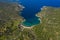 Top view Greek island Poros beache. Vagionia bay. Paralia Vagonia. Blue water and hills. Epic panaramic view. Travel