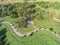 Top view green city park with large Tai Chi circle Ying Yang symbol in Houston