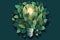 Top view of the green eco-friendly lightbulb from fresh leaves