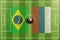 Top view of green soccer field with flags of Brazil and Serbia