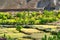Top view of green valley field with barren mountains around, agricultural land, Leh, Ladakh, India