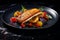 Top view on grilled zander fish fillet and fresh green leafy vegetables salad on black background