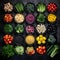 Top view of a group of bowls filled with different vegetables. Created with generative AI
