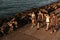 Top view of group fitness people walking on pier