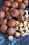 Top view of a group of hazelnuts, whole and peeled out of focus on focused blue marble background