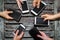 Top view of a group of teenagers people using mobile phone together - mobile internet messaging phone addiction - new generation y