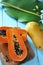 Top view of Half Papaya on Wooden Board