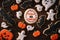 Top view of Halloween festive decorated icing gingerbread sugar cookies