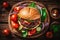Top view hamburger and red tomato on a wooden background with Ai Generated