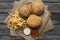 top view of hamburgers, french fries, ketchup and mayonnaise on baking paper