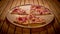 Top view hands taking big pizza cuts from wooden plate on the table. stop motion animation, 4K