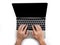 Top view of hands typing on computer laptop on white isolated background with clipping path.