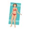 Top view of happy sunbathing woman on the beach sun. Relax and tanning. Flat style vector isolated illustration.