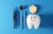top view of happy tooth. Cute dentist mascot. Oral health and dental inspection teeth. Medical dentist tool, children healthcare,
