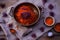 top view of harvested saffron stigmas on a table