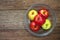 Top view healthy apple in glass bowl