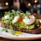 Top view healthy avocado toasts breakfast lunch avocado toast fried eggs