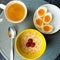 Top view of healthy cereal oat with boiled eggs at breakfast