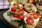 top-view of a healthy sandwiches with tomato and basil ,savory, olive oil