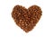 Top view of heap of roasted coffee beans in heart shaped isolated on white background