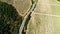 Top view of the highway along the agricultural fields. Shot. Developed grain culture under the scorching sun