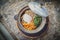 Top view of Homemade Bibimbap rice in pot.