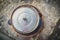 Top view Homemade Bibimbap rice in pot,on old wood table background.