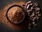 Top view of homemade chocolate and cocoa powder, on dark table.