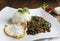 Top view of Homemade Stir fried minced pork with basil served with steamed jasmine rice and fired egg, Thai famous spicy food,