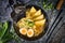 Top view of homemade vegetarian Japanese Ramen noudle soup with fried tofu slices, egg and spring onions