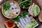 Top view homemade Vietnamese vegetarian rolled steamed rice pancake or banh cuon