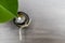 Top view of homeopathic pill dropping from the tip of a leaf in the medicine bottle on wood background. Alternative medicine