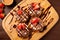 top view of honey-drizzled nutella bruschetta on a wooden plate