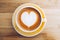 Top view of hot cappuccino coffee cup on wooden tray with heart latte art on wood table at cafe,Banner size food and drink concept