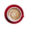 Top view of hot coffee cappuccino latte cup on red ceramic sauce