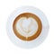 Top view of hot coffee latte cappucino cup with heart shaped foam art isolated on white background, clipping path included.