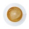 Top view of hot coffee latte cappucino cup with saucer isolated