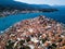 Top view of the houses and sea sailboat Marina in Poros island, Aegean sea.