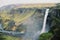 Top view of Icelandic huge waterfall called Haifoss. Grainy film in the style of old photos