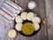 Top view of idli made with millet flour served with sambhar and coconut chutney