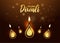 Top view of illuminated oil lamps Diya with bokeh effect on brown background for Shubh Happy Diwali celebration