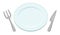 Top view illustration of a simple empty white plate, knife and fork.